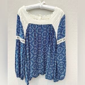 🆕 KORI AMERICA | Blue Bohemian Peasant Eyelet Lace Square Neck Blouse | Small
